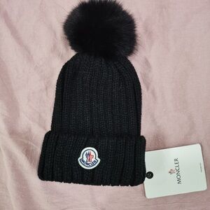 Moncler Black Knit Beanie with Logo Patch